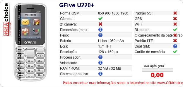 GFive U220+ Especificações técnicas do telemóvel 