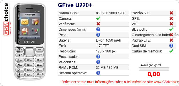 GFive U220+ Especificações técnicas do telemóvel 