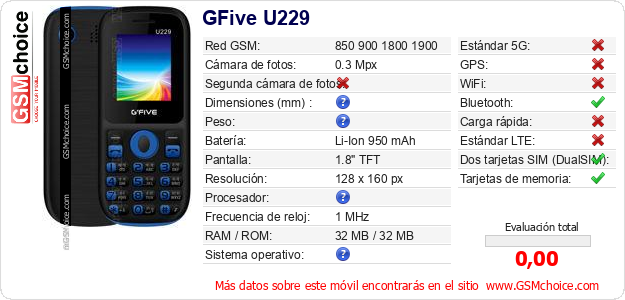 GFive U229 Datos técnicos del móvil GFive U229 Datos técnicos del móvil