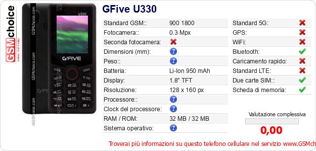 GFive U330 Dati tecnici di telefono cellulare GFive U330 Dati tecnici di telefono cellulare