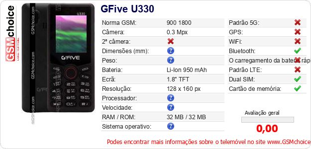 GFive U330 Especificações técnicas do telemóvel 