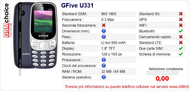 GFive U331 Dati tecnici di telefono cellulare GFive U331 Dati tecnici di telefono cellulare