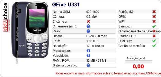 GFive U331 Especificações técnicas do telemóvel GFive U331 Especificações técnicas do telemóvel