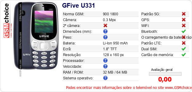 GFive U331 Especificações técnicas do telemóvel  GFive U331 Especificações técnicas do telemóvel