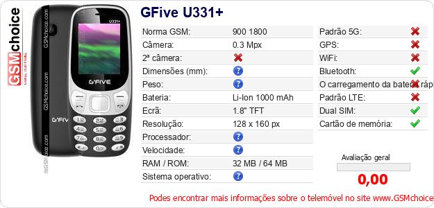 GFive U331+ Especificações técnicas do telemóvel 