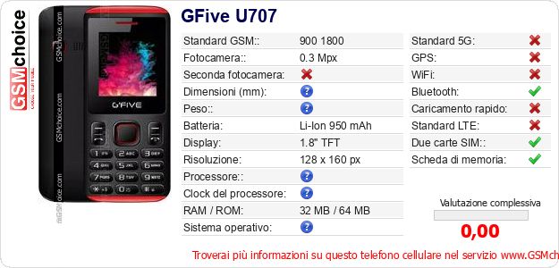 GFive U707 Dati tecnici di telefono cellulare 