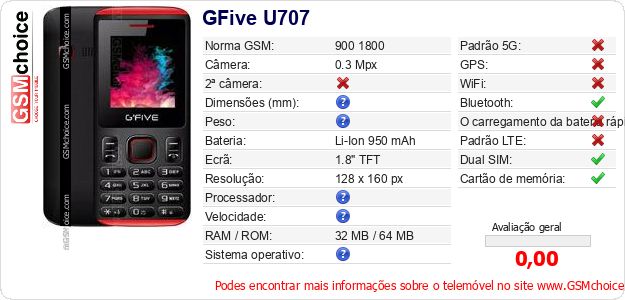 GFive U707 Especificações técnicas do telemóvel GFive U707 Especificações técnicas do telemóvel