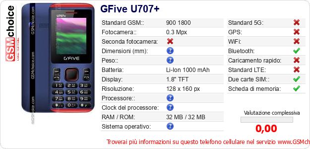 GFive U707+ Dati tecnici di telefono cellulare 