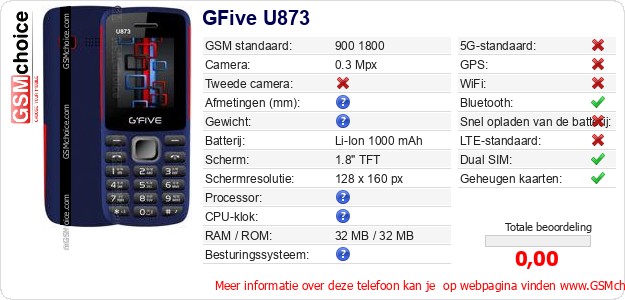 GFive U873 Technische gegevens GFive U873 Technische gegevens