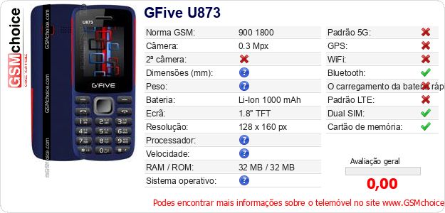 GFive U873 Especificações técnicas do telemóvel 