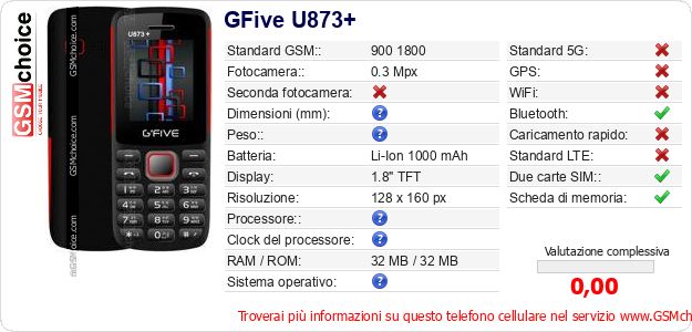 GFive U873+ Dati tecnici di telefono cellulare 