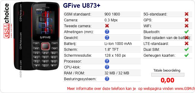 GFive U873+ Technische gegevens 