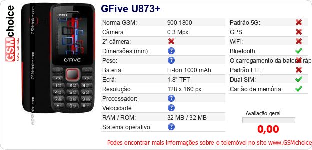 GFive U873+ Especificações técnicas do telemóvel 