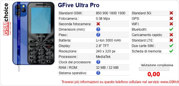 GFive Ultra Pro Dati tecnici di telefono cellulare GFive Ultra Pro Dati tecnici di telefono cellulare