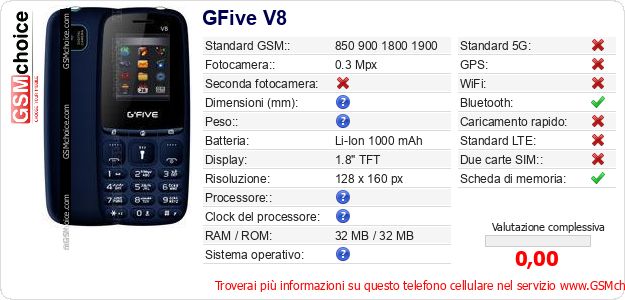 GFive V8 Dati tecnici di telefono cellulare GFive V8 Dati tecnici di telefono cellulare