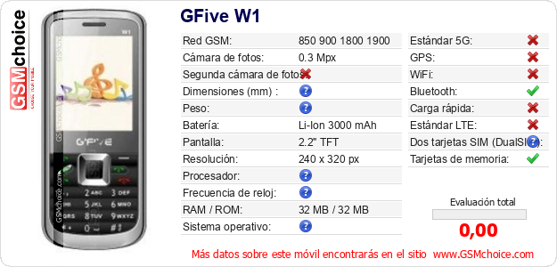 GFive W1 Datos técnicos del móvil 