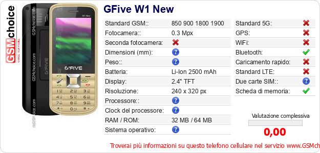 GFive W1 New Dati tecnici di telefono cellulare 