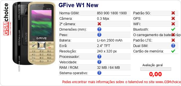 GFive W1 New Especificações técnicas do telemóvel 
