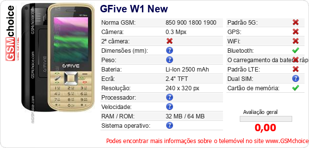 GFive W1 New Especificações técnicas do telemóvel GFive W1 New Especificações técnicas do telemóvel