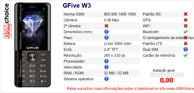 GFive W3 Especificações técnicas do telemóvel GFive W3 Especificações técnicas do telemóvel