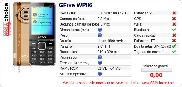 GFive WP86 Datos técnicos del móvil GFive WP86 Datos técnicos del móvil
