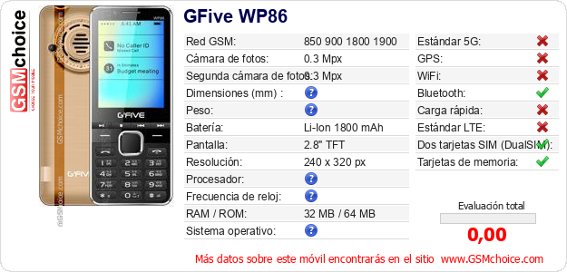 GFive WP86 Datos técnicos del móvil 