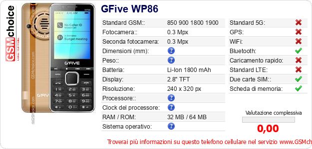 GFive WP86 Dati tecnici di telefono cellulare 