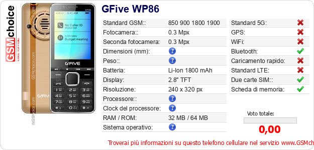 GFive WP86 Dati tecnici di telefono cellulare 
