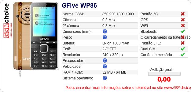 GFive WP86 Especificações técnicas do telemóvel 