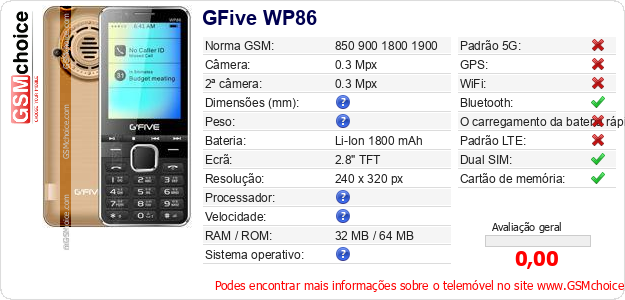 GFive WP86 Especificações técnicas do telemóvel 