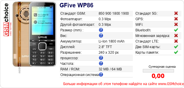 GFive WP86 Технические данные телефона GFive WP86 Технические данные телефона