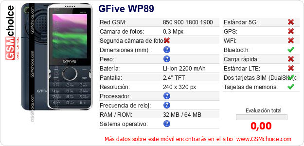 GFive WP89 Datos técnicos del móvil 
