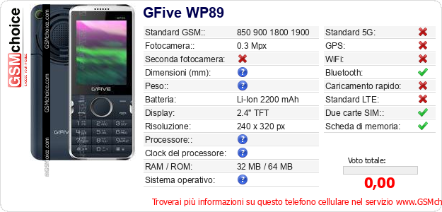 GFive WP89 Dati tecnici di telefono cellulare 