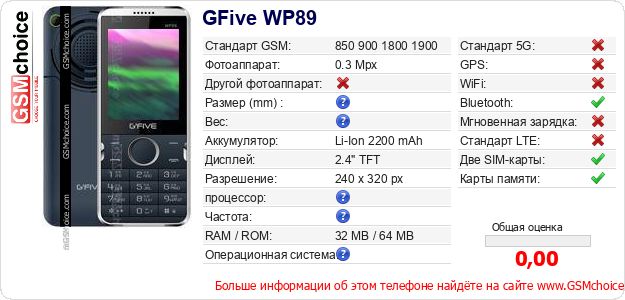 GFive WP89 Технические данные телефона GFive WP89 Технические данные телефона