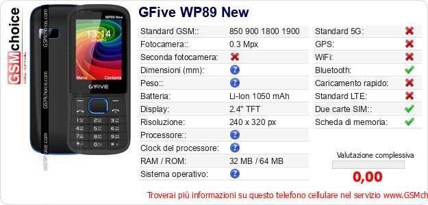 GFive WP89 New Dati tecnici di telefono cellulare GFive WP89 New Dati tecnici di telefono cellulare
