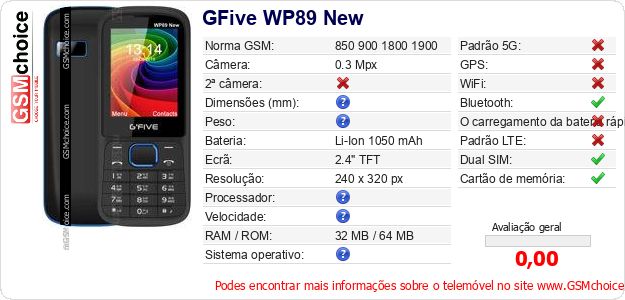 GFive WP89 New Especificações técnicas do telemóvel GFive WP89 New Especificações técnicas do telemóvel