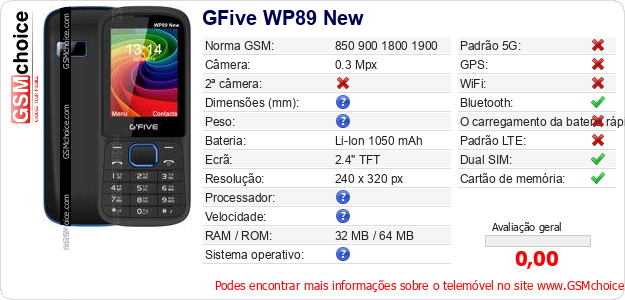 GFive WP89 New Especificações técnicas do telemóvel 