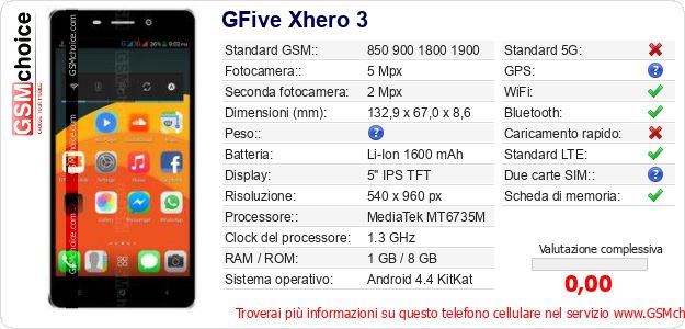 GFive Xhero 3 Dati tecnici di telefono cellulare 