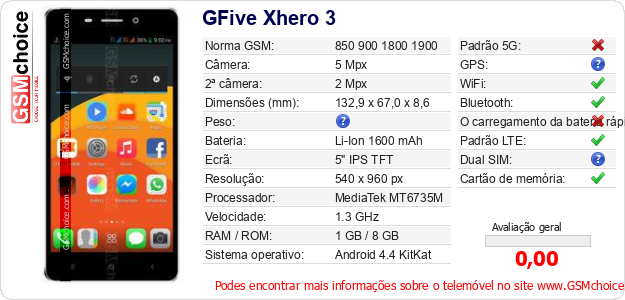 GFive Xhero 3 Especificações técnicas do telemóvel GFive Xhero 3 Especificações técnicas do telemóvel