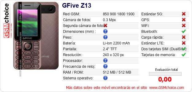 GFive Z13 Datos técnicos del móvil 
