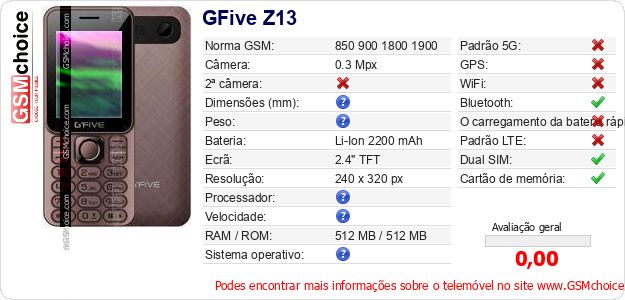 GFive Z13 Especificações técnicas do telemóvel GFive Z13 Especificações técnicas do telemóvel