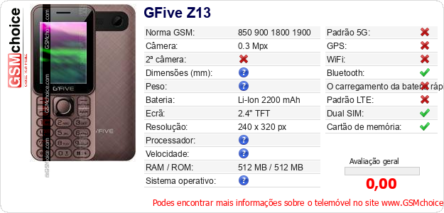 GFive Z13 Especificações técnicas do telemóvel 