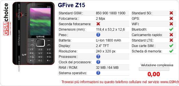 GFive Z15 Dati tecnici di telefono cellulare 