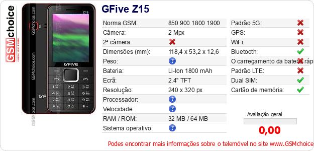 GFive Z15 Especificações técnicas do telemóvel 