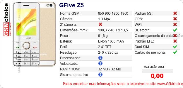 GFive Z5 Especificações técnicas do telemóvel 