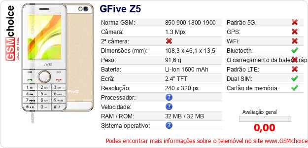 GFive Z5 Especificações técnicas do telemóvel 