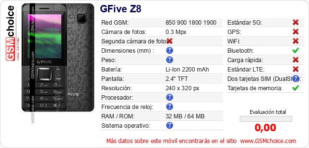 GFive Z8 Datos técnicos del móvil GFive Z8 Datos técnicos del móvil