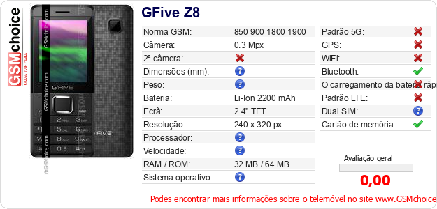 GFive Z8 Especificações técnicas do telemóvel GFive Z8 Especificações técnicas do telemóvel