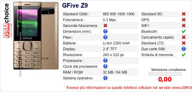 GFive Z9 Dati tecnici di telefono cellulare 