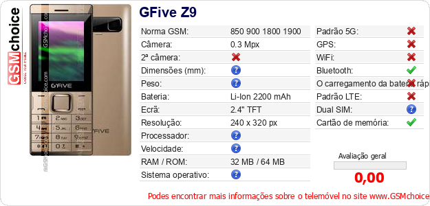 GFive Z9 Especificações técnicas do telemóvel GFive Z9 Especificações técnicas do telemóvel